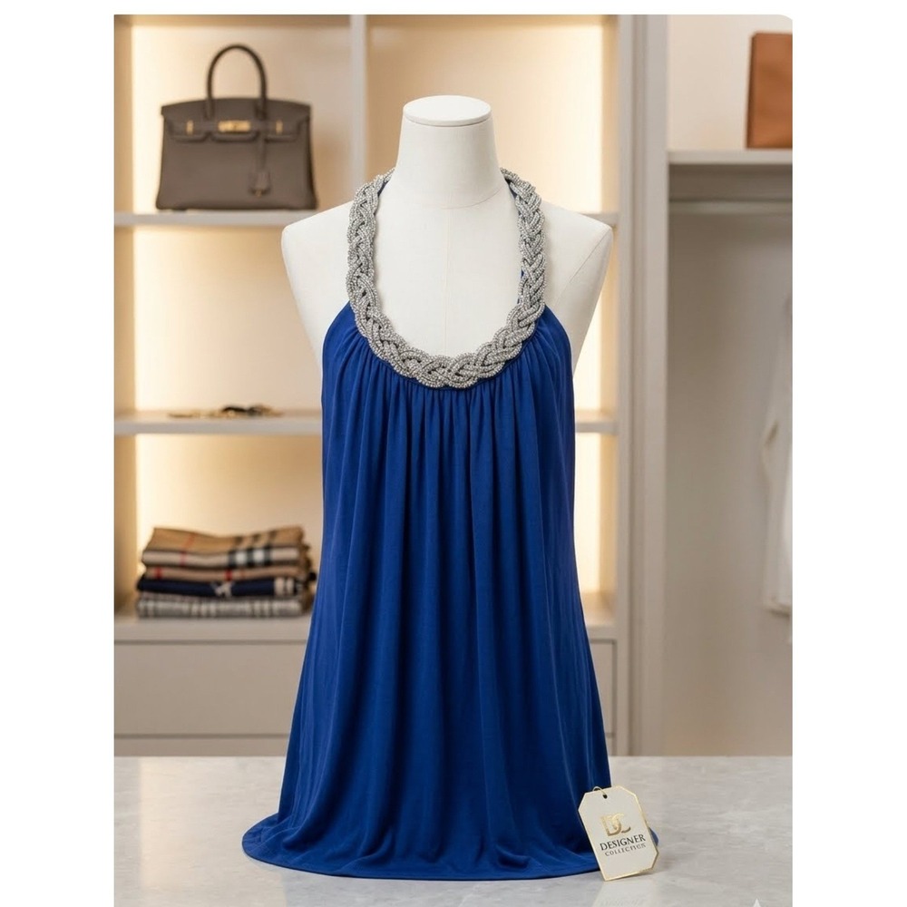 Blue‎ Chiffon Beaded Halter Neck Tops Womens Size S
